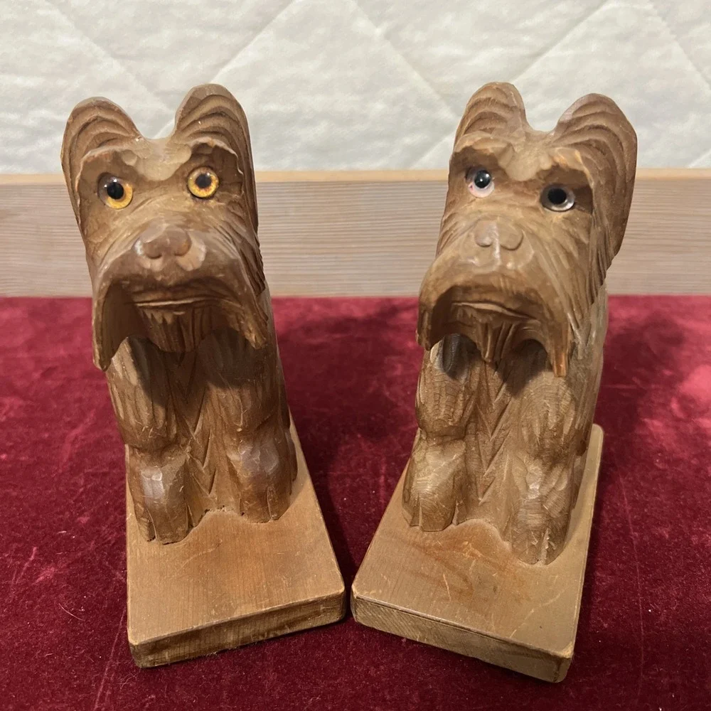 Vtg Terrier Dog Carved‎ Wood Bookends Made in Japan